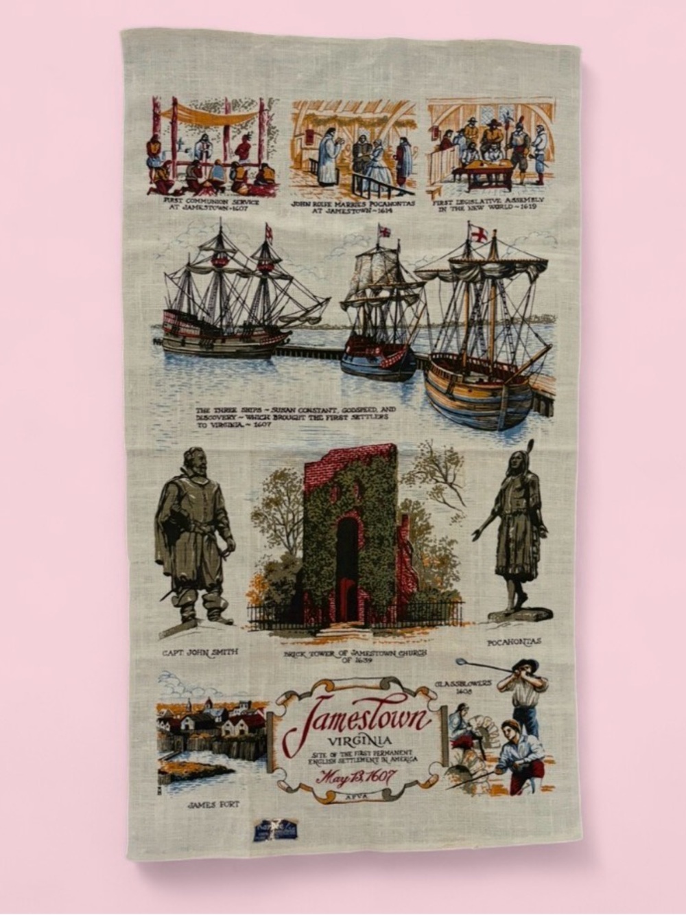 Vintage Kay Dee Jamestown Virginia Pure Linen Tea Towel Souvenir